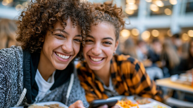 Photorealistic candid scene of two teenage girls of different ethnicities sitting together at a school cafeteria table sharing lunch and laughing over something on a phone, open lu