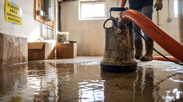 Pump draining flooded basement with dirty water covering floor in residential building. Workers use pump for draining flooded basement, managing water removal process to prevent further damage.