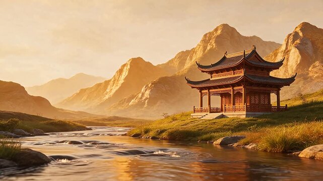Traditional pavilion by mountain stream
