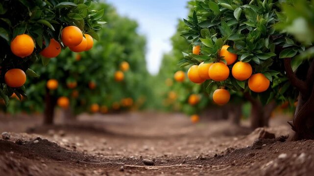 Oranges grow on healthy trees in an expansive grove. Clear blue sky enhances freshness of the fertile landscape. Concept of agriculture, fruit farming, nature's bounty