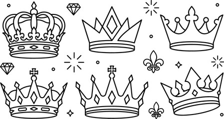 Royal king crown vector line art set featuring majestic tiaras queen crowns diamond jewels and imperial fleurdelis elements. © MdShakib