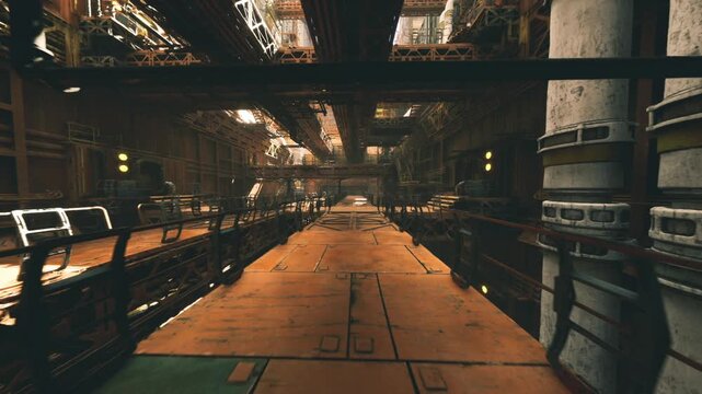 Operational corridor lit by warm lamps, long perspective emphasizes scale and workflow, metal plates and walkway joints create rhythmic pattern