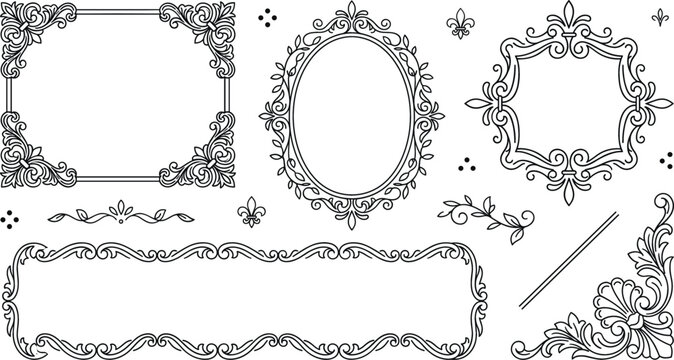 Vintage baroque border frame vector line art set featuring elegant ornamental filigree flourishes mirrors corners and royal dividers.