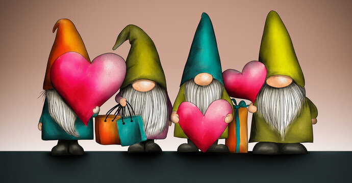 Gnomes Hold Hearts and Bags During Shopping for a Celebration in a Colorful Scene