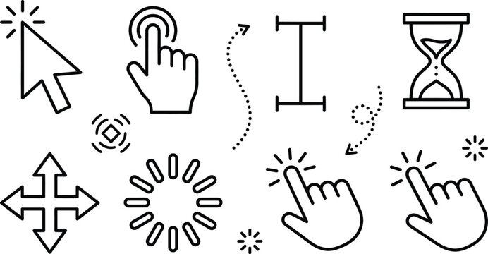 Computer mouse cursor and user interface line art icon set featuring arrow pointer hand click loading spinner hourglass.
