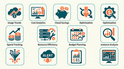 Fototapeta premium Business optimization icons illustrate cost analysis and budget planning tools