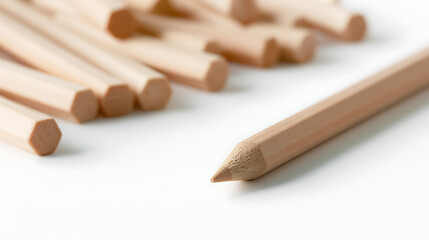 Obraz premium Natural Wood Pencil with Sharp Point Stand Apart from a Group of Unsharpened Writing Tools on a Clean White Background, Focus on Detail