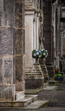 Cemetery architecture with flower urns in San Benedetto Po