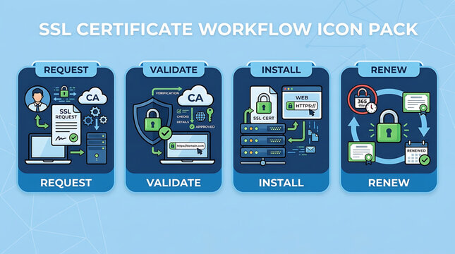 SSL certificate workflow icons illustrate request validate install renew process
