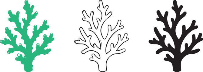 Set of three stylized coral reef icons featuring green outline and solid black variations for marine life designs © Nayem