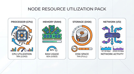 Naklejka premium The system displays a node resource utilization pack with CPU, memory, storage, and network activity icons