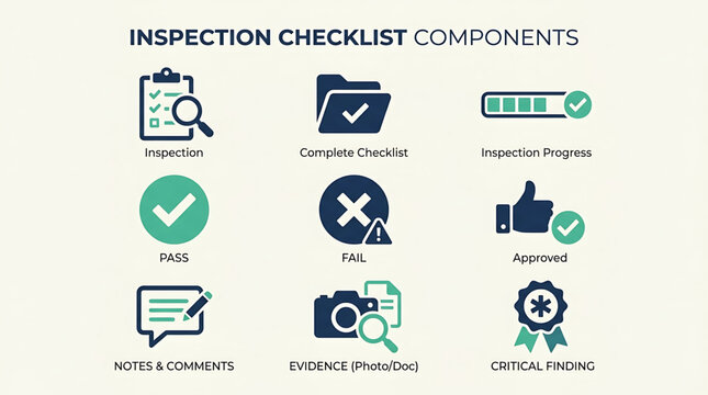 Inspection checklist components display various icons and labels for quality control process