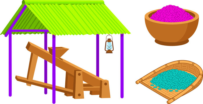 Traditional Wooden Rice Husking Dheki Vector Set with Corrugated Tin Roof Shed Winnowing Basket Kula and Grain Clay Bowl for South Asian Rural Heritage Designs