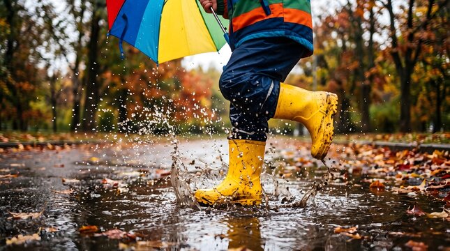 A child in yellow rubber boots jumps into a muddy puddle while holding a colorful umbrella, splashing water on an autumn path covered in fallen leaves.