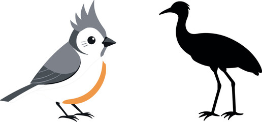 Tufted Titmouse Cartoon Illustration and Wading Bird Silhouette Vector Set for Wildlife Educational Materials, Children Books, and Nature Conservation Graphic Designs © MdMostakin