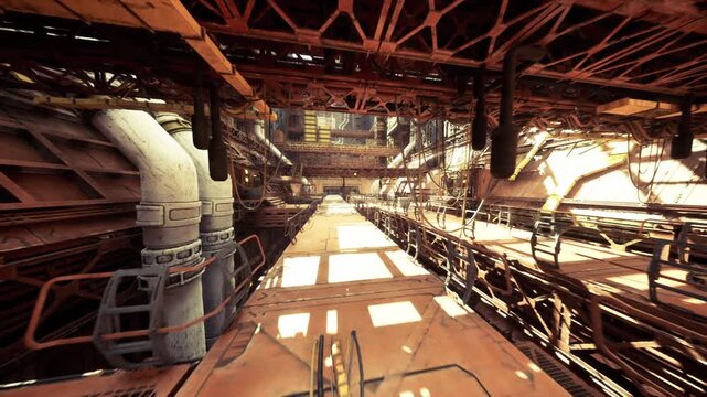 Futuristic industrial hub interior with layered catwalks and tubular pipelines, cinematic lighting and vast vertical space hinting at largescale engineering