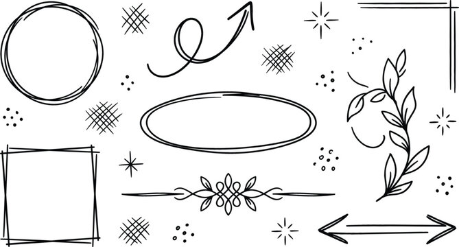 Hand drawn doodle design elements vector set featuring sketchy frames borders arrows leaves circles dividers and crosshatch highlights.