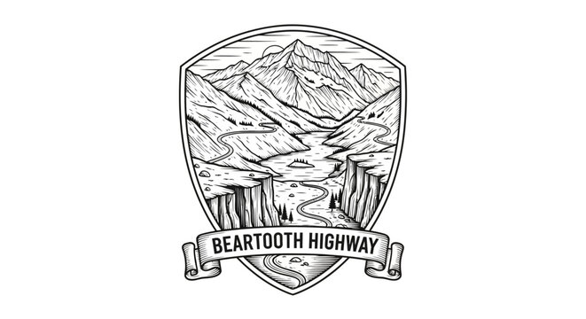 Beartooth Highway Emblem: Mountain Landscape, Winding Road, River Valley, National Park