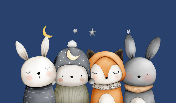 Cute Animals Gather Under Night Sky With Stars and Moon