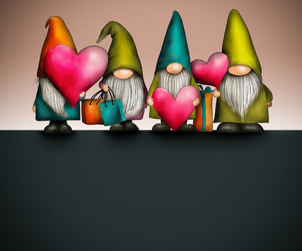 Gnomes Hold Colorful Hearts and Gifts in a Warm Display During a Festive Celebration