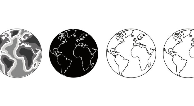 Set of world globe icons with map outlines in multiple circular styles for graphic resources.