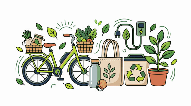 Eco-friendly lifestyle items including a bicycle reusable bags and plants