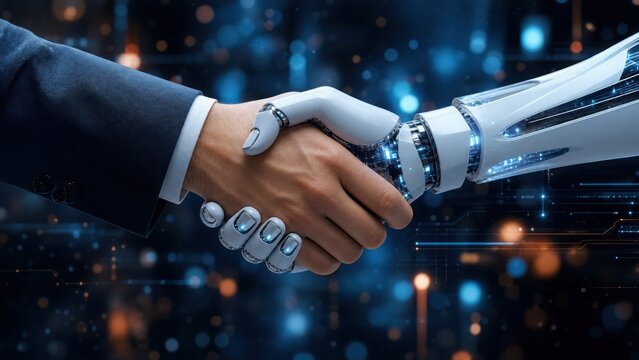 A human and a robot shake hands, symbolizing collaboration between people and artificial intelligence in a futuristic, digital environment.