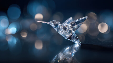 Fototapeta premium Exquisite faceted crystal hummingbird figurine captured mid flight reflecting beautiful blue light spots and glowing bokeh dots on a dark mirrored surface for luxury art and design decoration