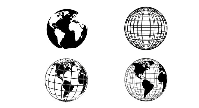 Set of four monochrome globe icons with grid lines and continents for graphic design projects.