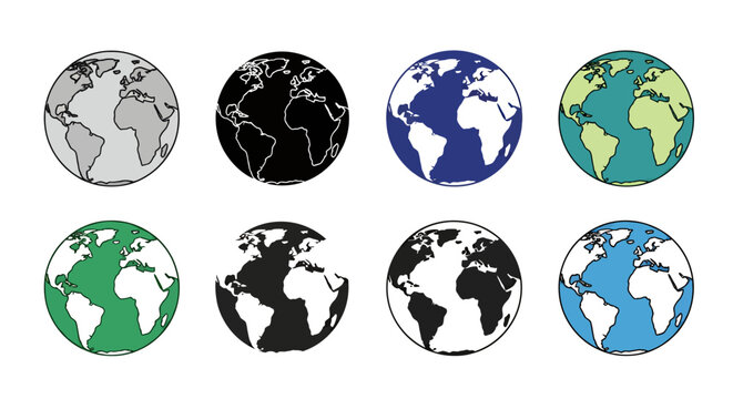 Collection of round globe icons in varied colors showing Earth maps and continents for graphic resources.
