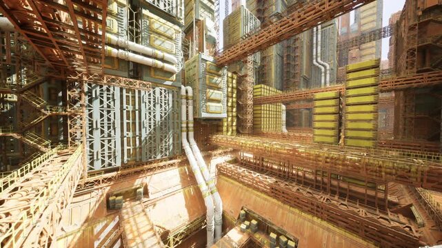 inspection tunnel framed by metalwork and girders, shafts of light reveal dusty catwalks and service pipes, closeup valves and joints hint at active systems,