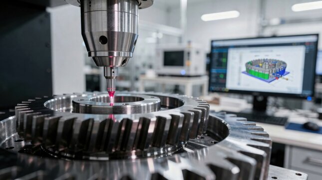 A precision CNC machine inspects a large metal gear with a computer-aided design model displayed on a monitor in the background.
