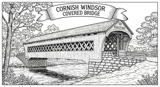 Cornish Windsor Covered Bridge, Ink Drawing, Historic Landmark, Rural Scenery, Black and White Illustration
