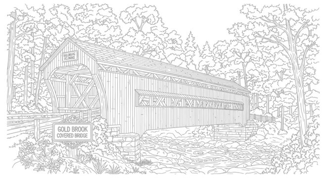 Covered Bridge Drawing, Rustic Wood Structure, Forest Landscape, Rural Scene
