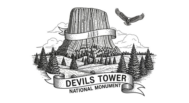 Devils Tower National Monument Illustration with Eagle and Banner
