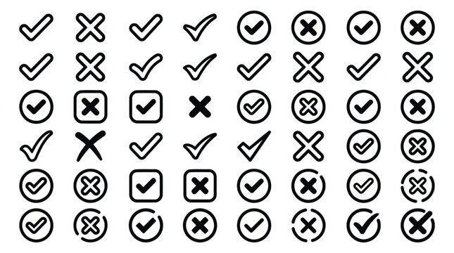 Collection of various checkmark and cross icons on white background