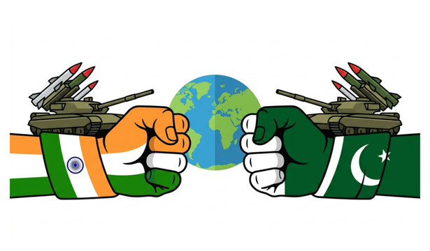 India Pakistan Geopolitical Military Conflict with Flag Fists Tanks Missiles and World Globe Flat Vector