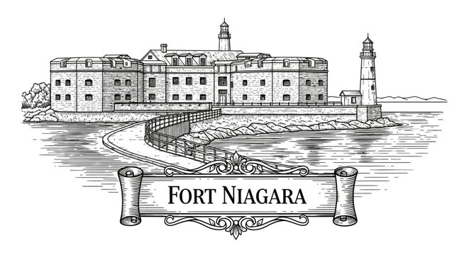 Fort Niagara Historic Landmark Illustration with Lighthouse and Water