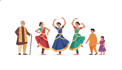 Fototapeta premium Classical Indian dancers performing a traditional dance next to family members wearing colorful ethnic clothing.