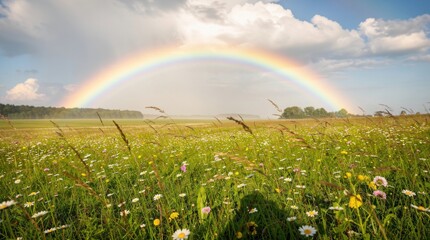 Naklejka premium A vibrant rainbow arches over a lush meadow filled with wildflowers under a bright sky with scattered clouds.
