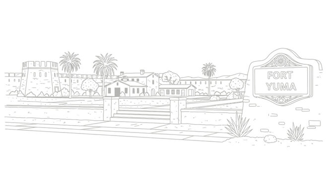 Fort Yuma Outline Drawing: Historic Adobe Buildings and Desert Landscape