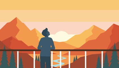 Fototapeta premium Silhouette of a man standing on a wooden balcony and enjoying the beautiful mountain sunset with a winding river.