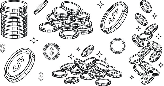 Gold dollar coins currency vector line art set featuring stacks heaps falling money cash financial wealth success icons.