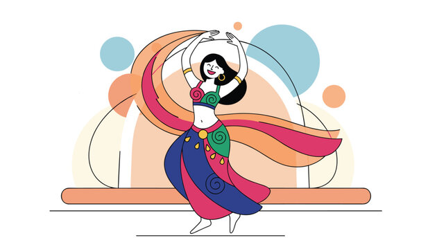 Elegant female belly dancer wearing a vibrant colorful costume performing a graceful dance routine on a theatre stage.