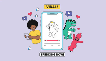 Concept of a trending social media post going viral featuring animated cartoon characters and a smartphone screen. © EmilyGrace