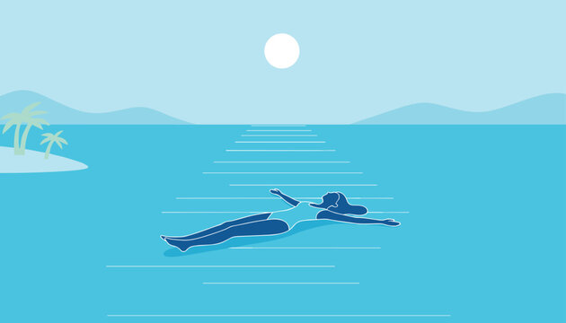 Relaxing flat vector illustration of a woman floating on her back in calm blue sea water under a bright summer sun.