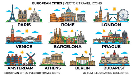 European Cities Vector Travel Icons: Paris, Rome, London, Venice, Barcelona, Prague, Amsterdam, Athens, Berlin, Budapest © Sesel