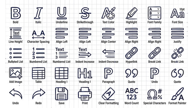 Hand-Drawn Word Processing Icons Set on Graph Paper Background