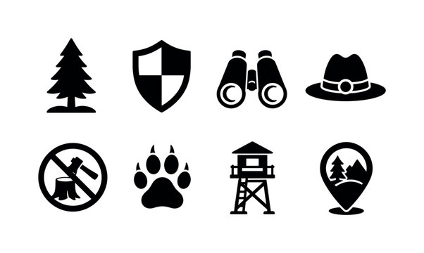 Forest Protection. Filled icon set of Forest Protection: evergreen tree, security shield, binoculars, ranger hat, no logging sign, wildlife paw, observation tower, nature reserve marker. Solid icons