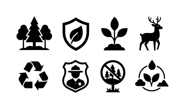 Forest Conservation. Filled icon set of Forest Conservation: forest tree, conservation shield, sapling plant, wildlife deer, recycling symbol, ranger badge, protected area sign, ecosystem leaf. Solid
